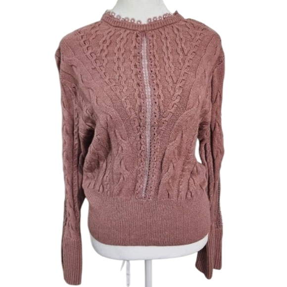 EXPRESS Cable Knit Lace Detail Bell Sleeve Sweater In Mauve Pink. Size Small NWT - Picture 1 of 14